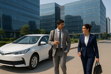 Employees walking near company car